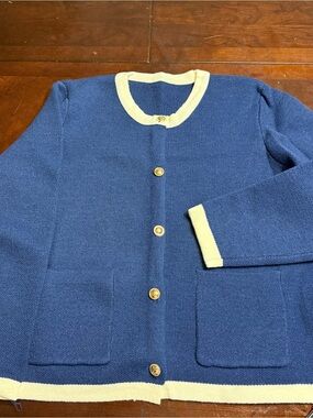 Zaful Navy and Cream Contrast Trim Knit Cardigan